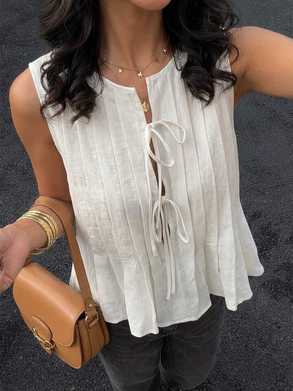 Women’s Cream Sleeveless Tie-Front Pleated Blouse Smock Top Minimalist Fall | L